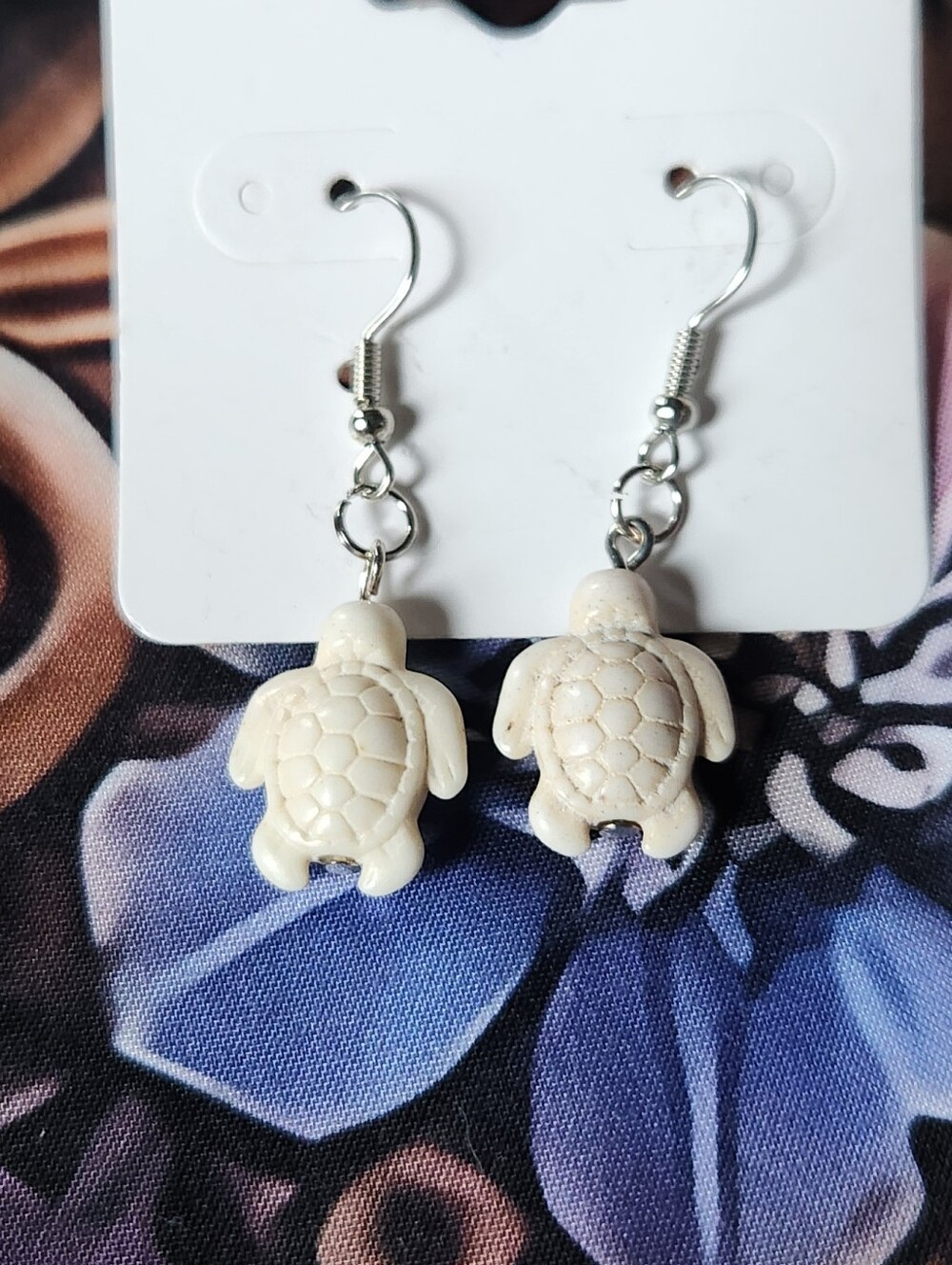 White Resin Turtle Danggle Earrings On Stainless Steel